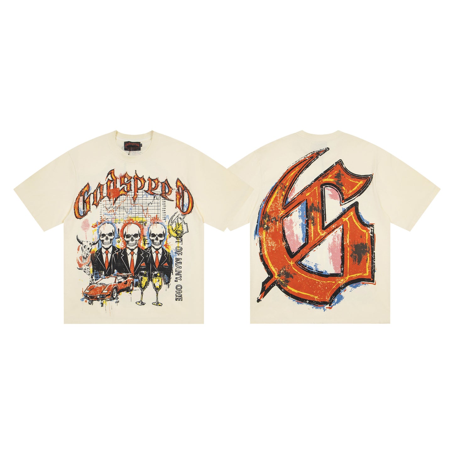 Godspeed Retro Skull Print High Street Trendy Hip Hop Street Loose Short Sleeves