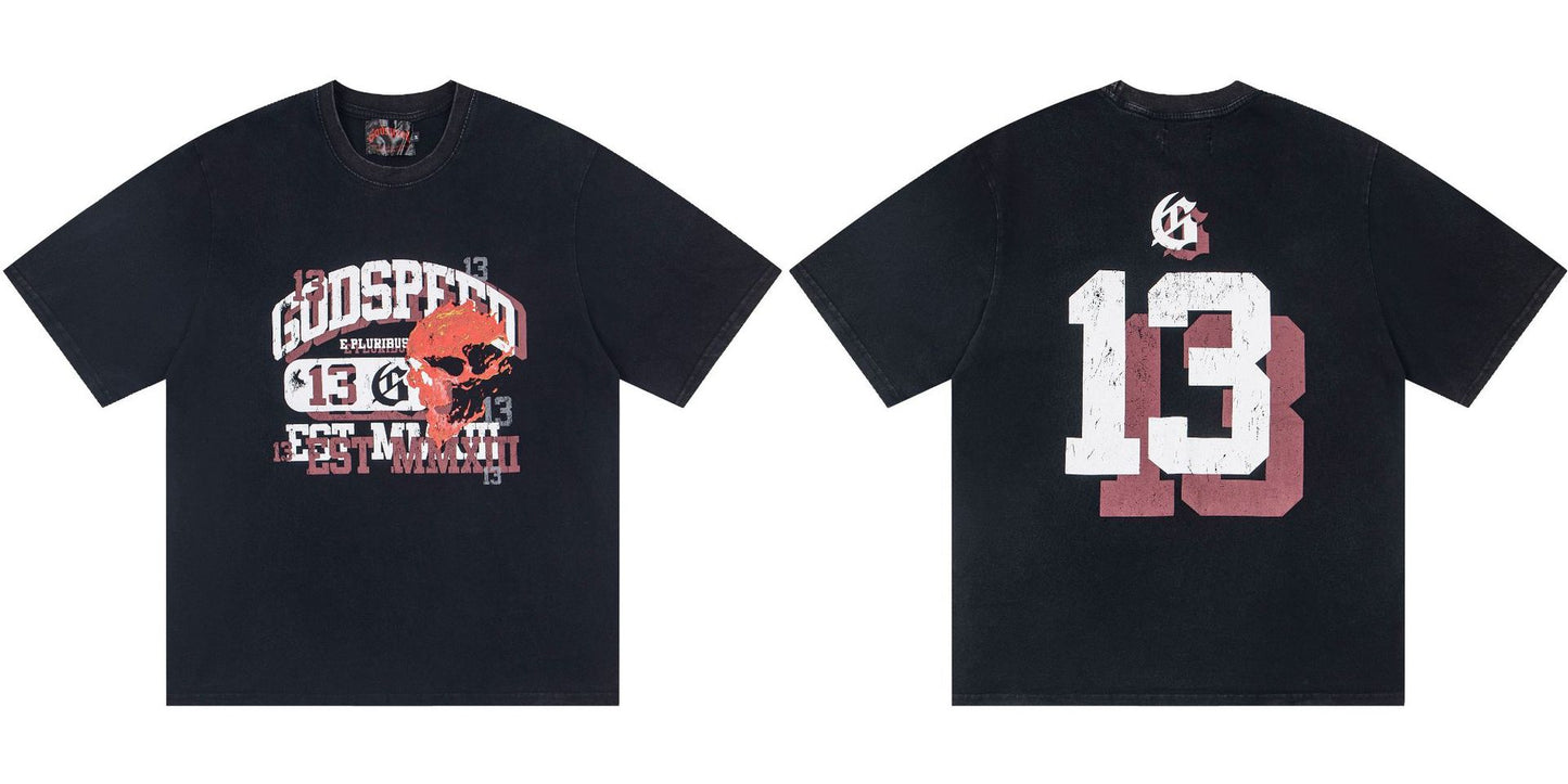 Godspeed Retro Skull Print High Street Trendy Hip Hop Street Loose Short Sleeves