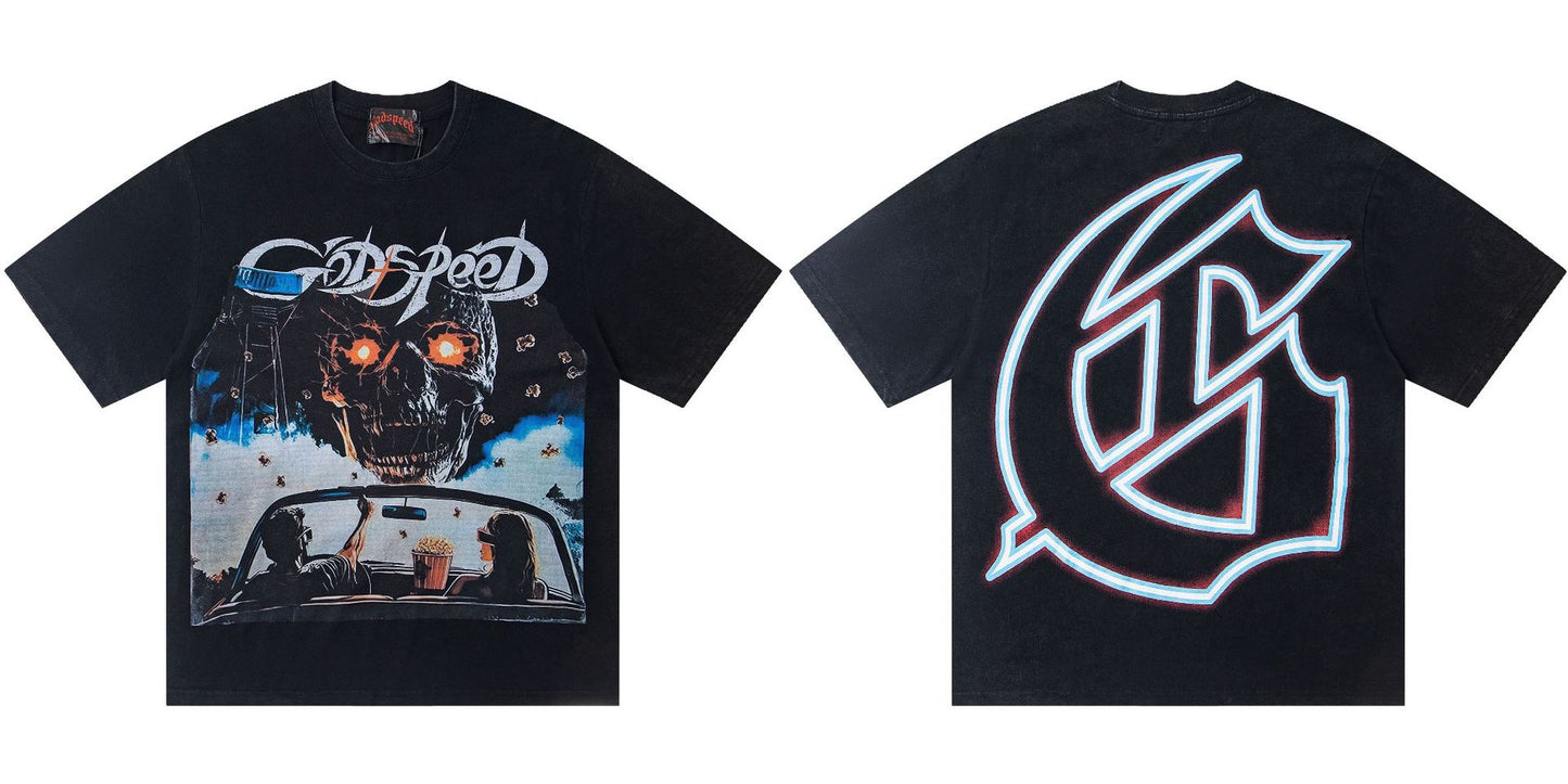 Godspeed Retro Skull Print High Street Trendy Hip Hop Street Loose Short Sleeves