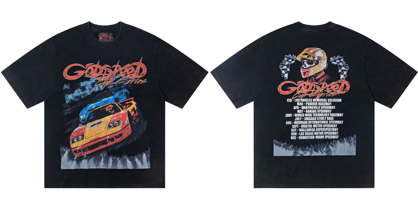 Godspeed Retro Skull Print High Street Trendy Hip Hop Street Loose Short Sleeves